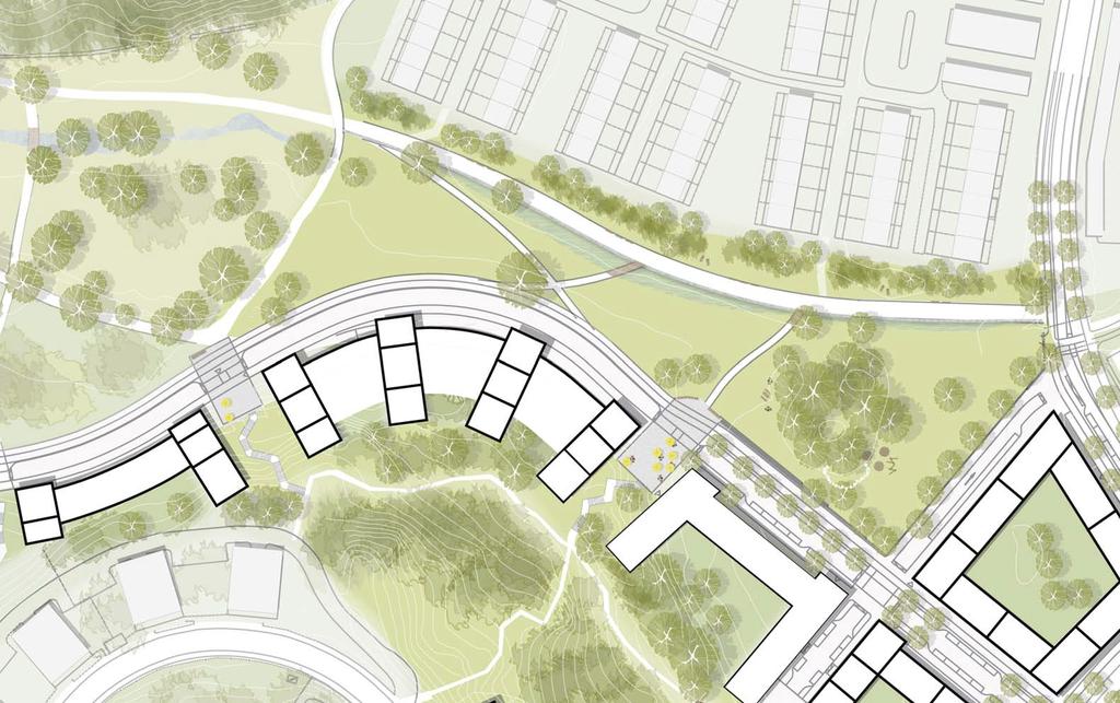 PARK OCH NATUR Entré till Sätraskogens naturreservat Gräsyta för picknick och lek Öppet dagvatten Torg/Brygga Figur 63. Illustrationsplan Skärholmsdalen.