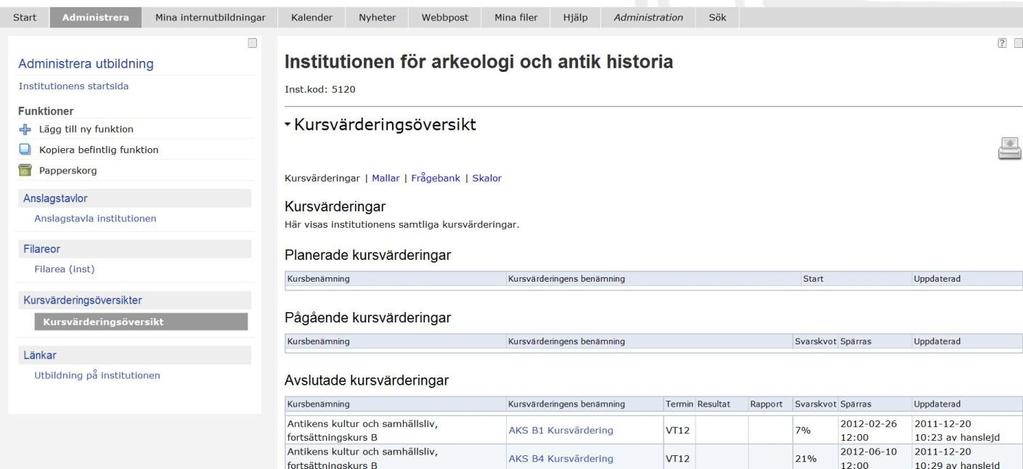 Uppsala Learning Lab Övningshäfte 7 (21) Därefter visas Kursvärderingsöversikten i menyn på institutionssidan.