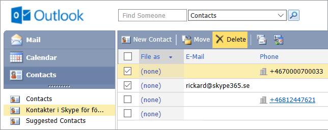 KONTAKTER Har du gammal eller felaktig information om en kontakt kan det vara så att den är skapad i Skype för företagklienten och därigenom synkad till Outlook som en skrivskyddad kontakt under