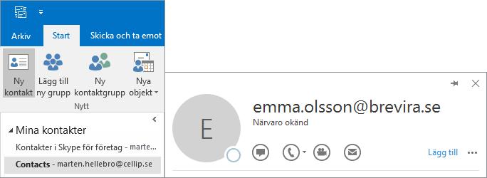 KONTAKTER Informationen om dina kontakter i Cellip 365 Communicator och Skype för företag-klienten hämtas från Outlook och det är därför viktigt att alla kontakter först sparas i Outlook.