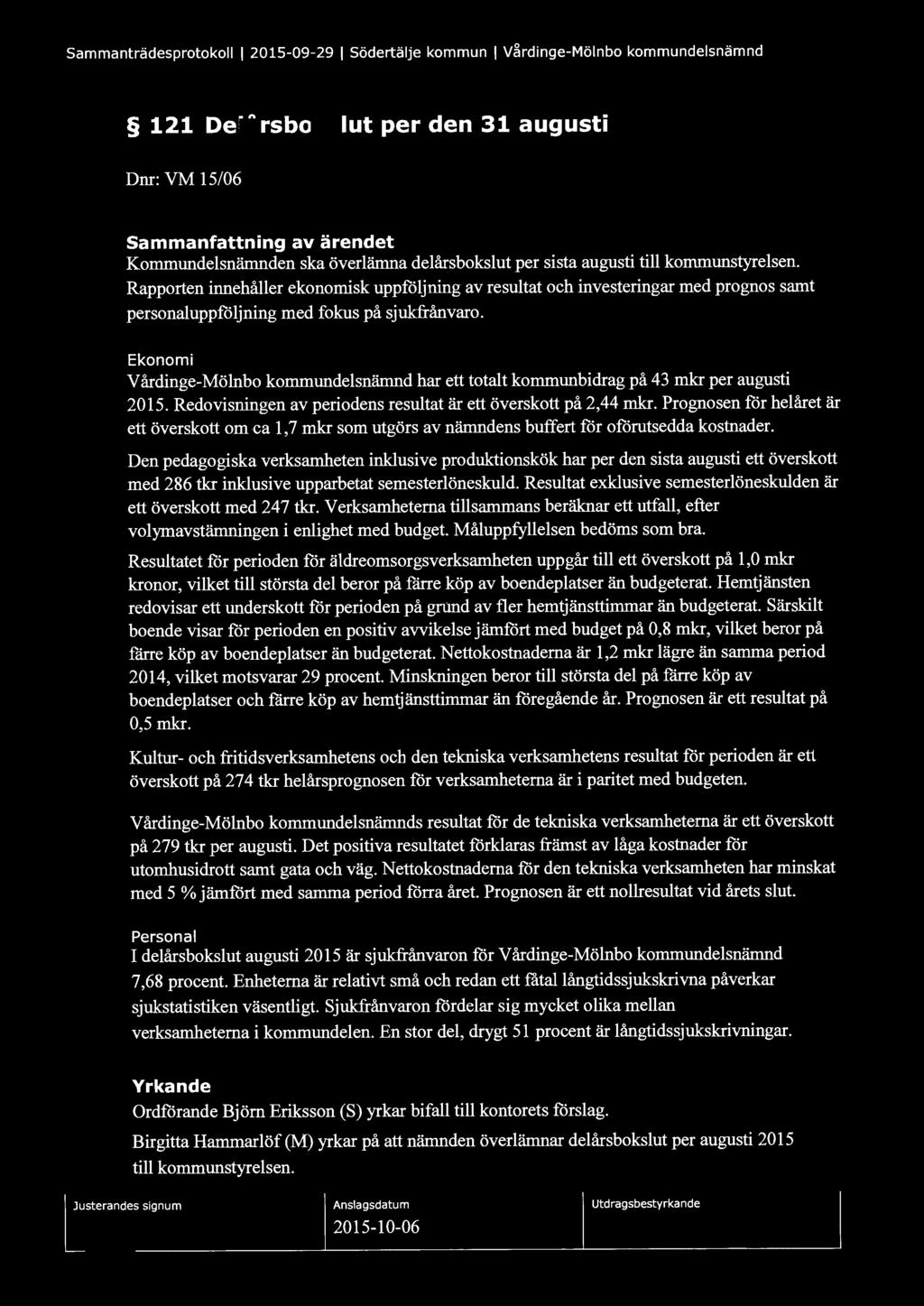 Sammanträdesprotokoll l 2015-09-29 l Södertälje kommun l V~rdinge-Mölnbo kommundelsnämnd 121 Delårsbokslut per den 31 augusti Dm: VM 15/06 Sammanfattning av ärendet Kommundelsnämnden ska överlämna
