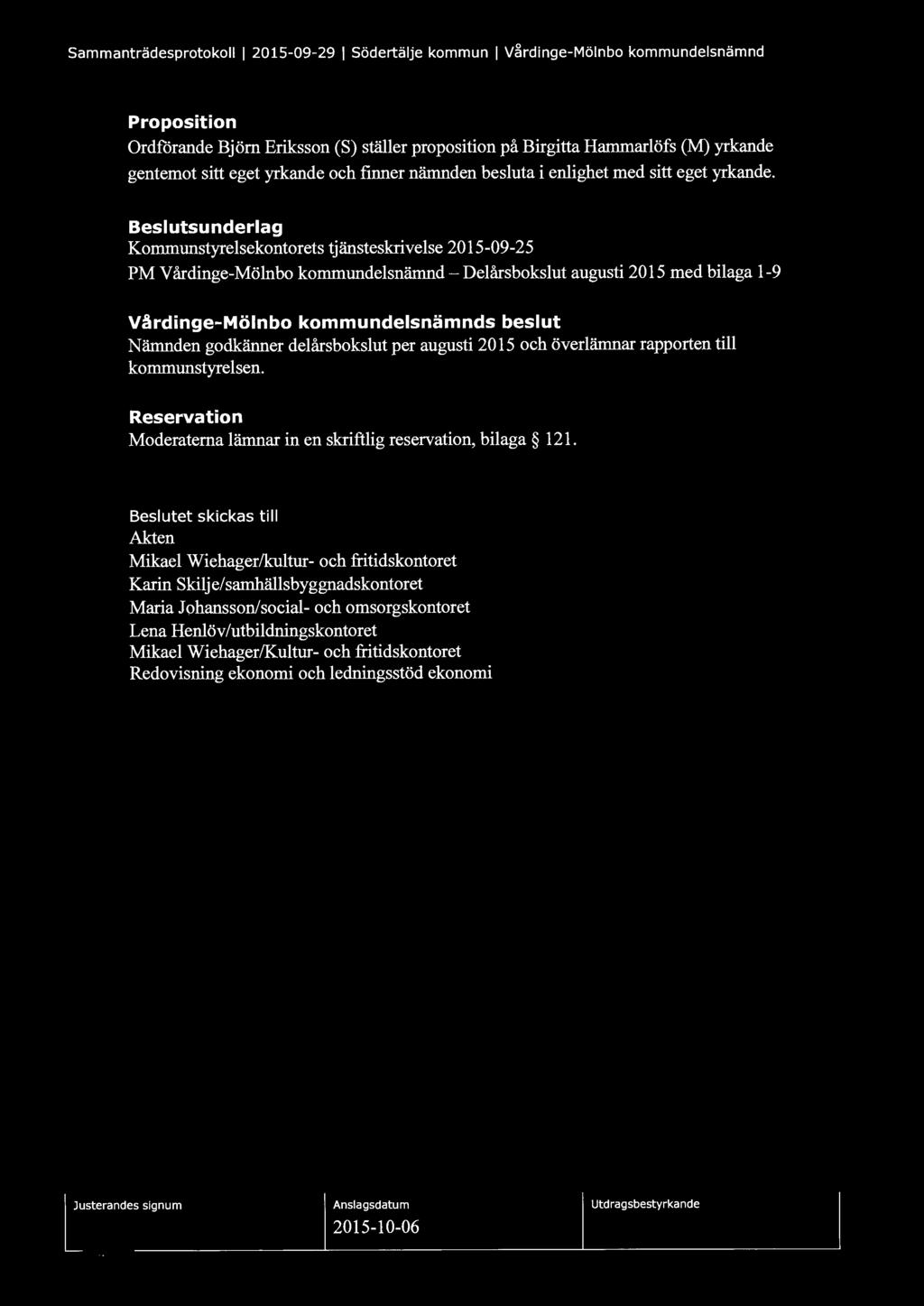 Sammanträdesprotokoll l 2015-09-29 l Södertälje kommun l V~rdinge-Mölnbo kommundelsnämnd Proposition Ordförande Björn Eriksson (S) ställer proposition på