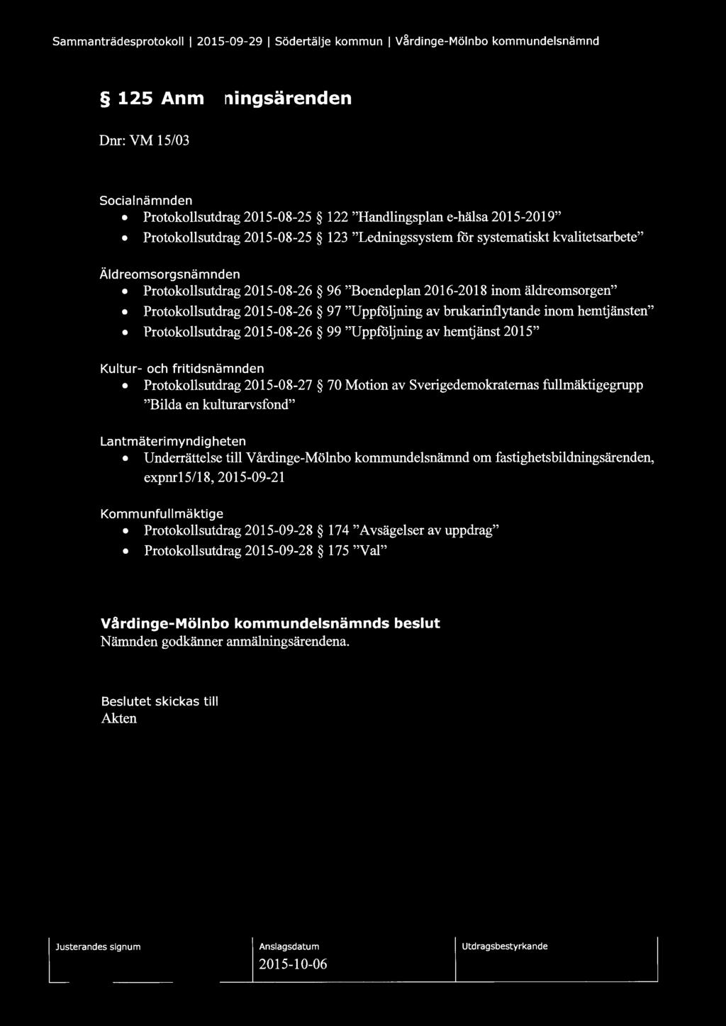 Sammanträdesprotokoll l 2015-09-29 l Södertälje kommun l Vårdinge-Mölnbo kommundelsnämnd 125 Anmälningsärenden Dnr: VM 15/03 Socialnämnden Protokollsutdrag 2015-08-25 122