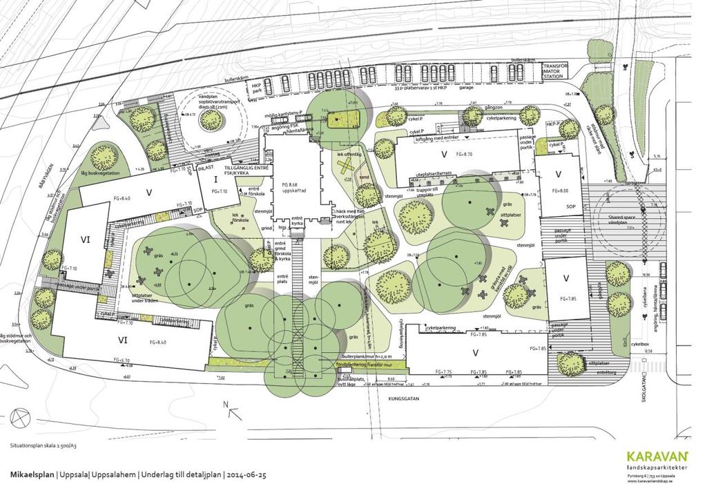 Illustration som visar förslag på ny bebyggelse, bostadsgårdar och park (Karavan landskapsarkitekter AB).