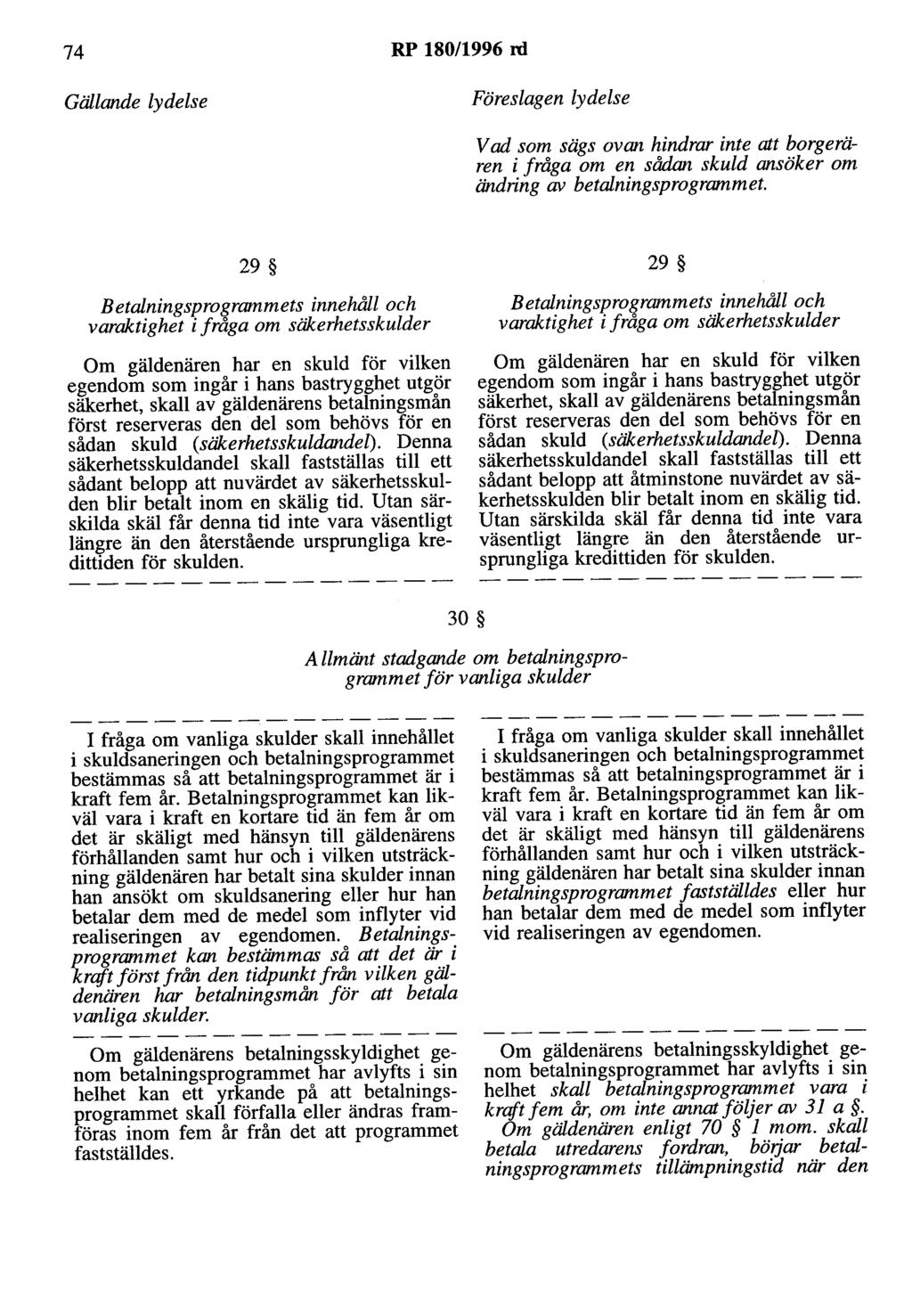 74 RP 180/1996 rd Gällande lydelse Föreslagen lydelse V ad som sägs ovan hindrar inte att borgerären i fråga om en sådan skuld ansöker om ändring av betalningsprogrammet.