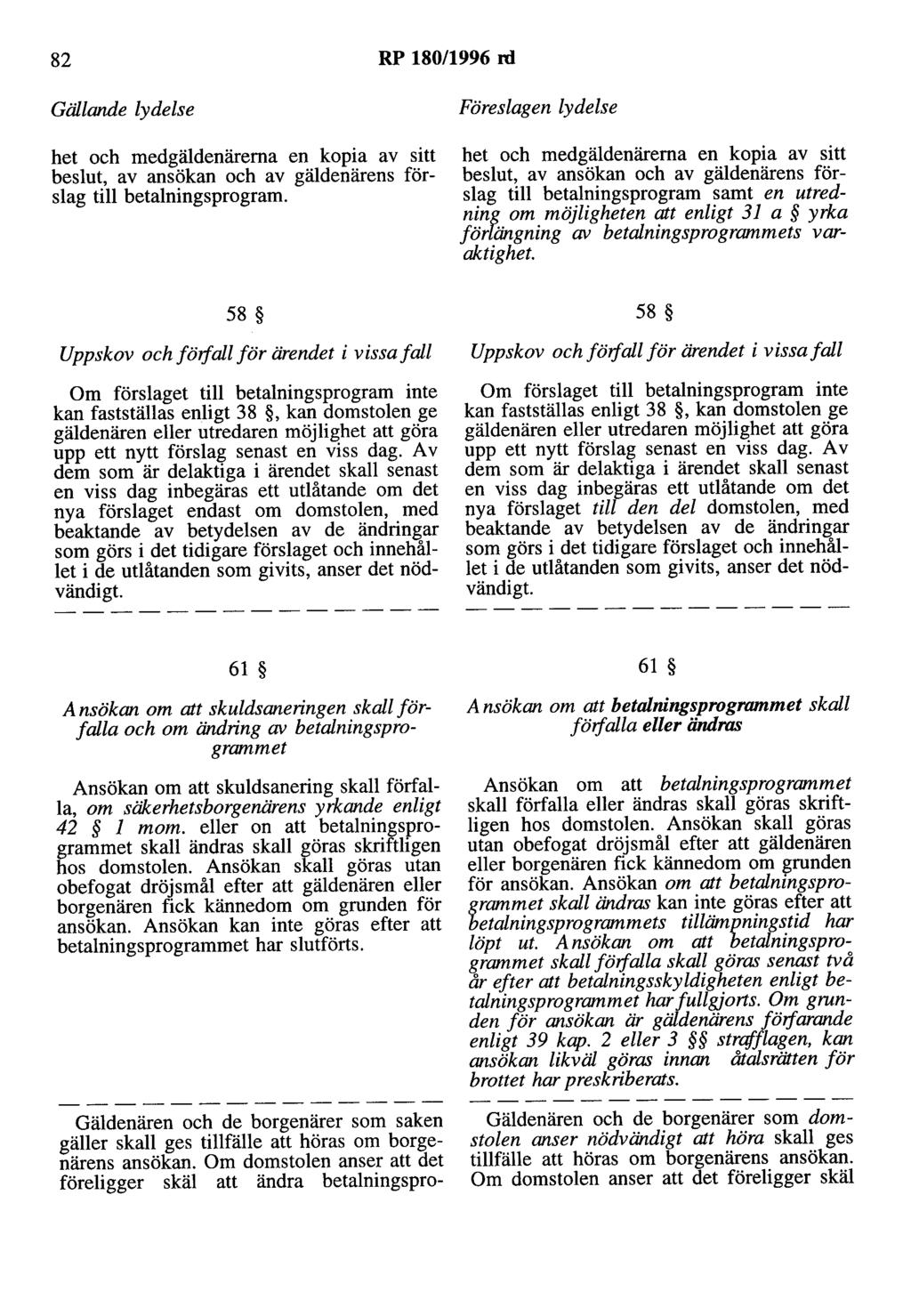 82 RP 180/1996 rd Gällande lydelse het och medgäldenärerna en kopia av sitt beslut, av ansökan och av gäldenärens förslag till betalningsprogram.