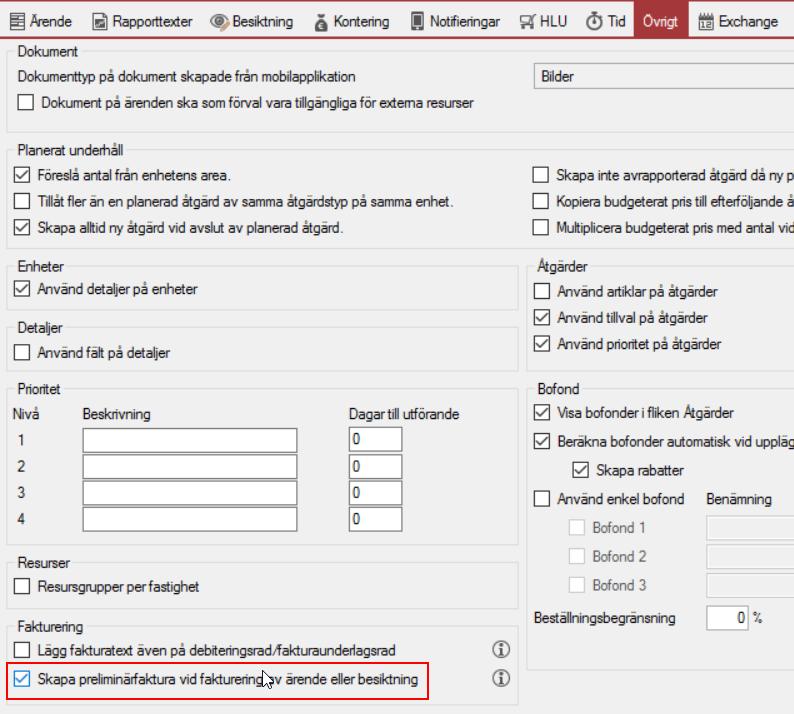 SKAPA PRELIMINÄRFAKTURA När åtgärder på ett ärende eller en besiktning ska faktureras till kund är det nu möjligt att konfigurera Teknisk förvaltning att endast skapa en preliminär faktura med