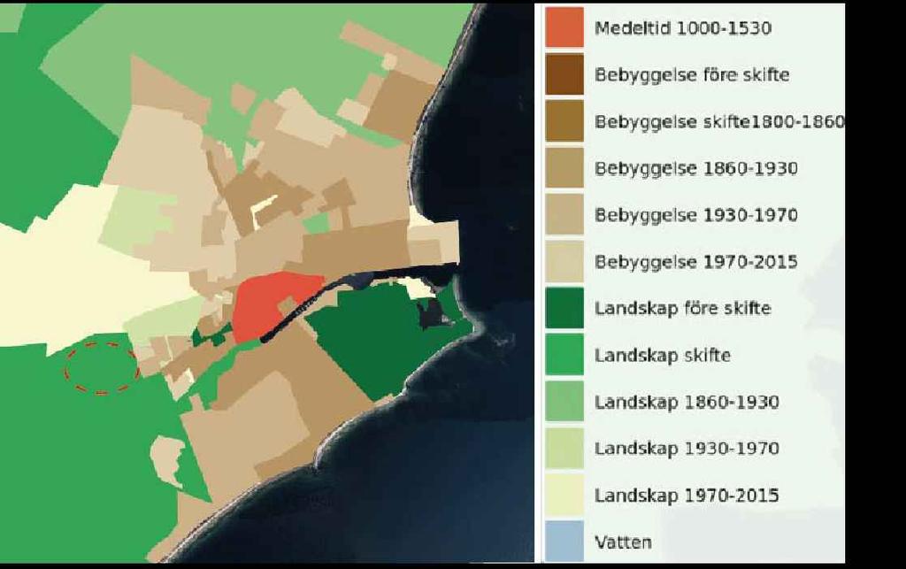 Skifteskartor och utvecklingen av planområdet (markerat med rött). Inom planområdet fi nns tre registrerade fornlämningar enligt RAÄ:s register.