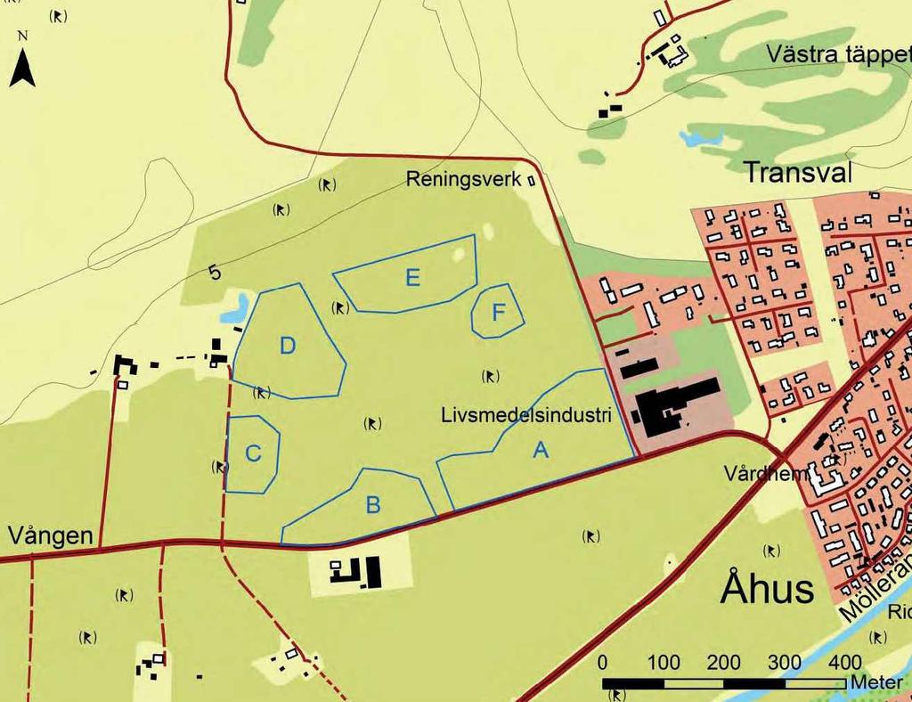 Förundersökningsområdena A-F, markerade med blå linje. Planförslagets konsekvenser Planförslaget bedöms medföra stora förändringar av den befi ntliga landskapsbilden i området.