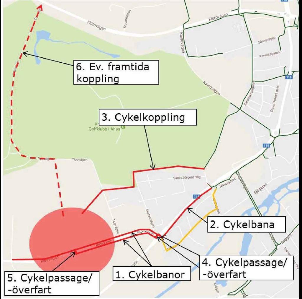 Föreslagna åtgärder i cykelvägnätet (röda linjer). Röd ellips visar detaljplaneområdets och utredningsområdets läge.