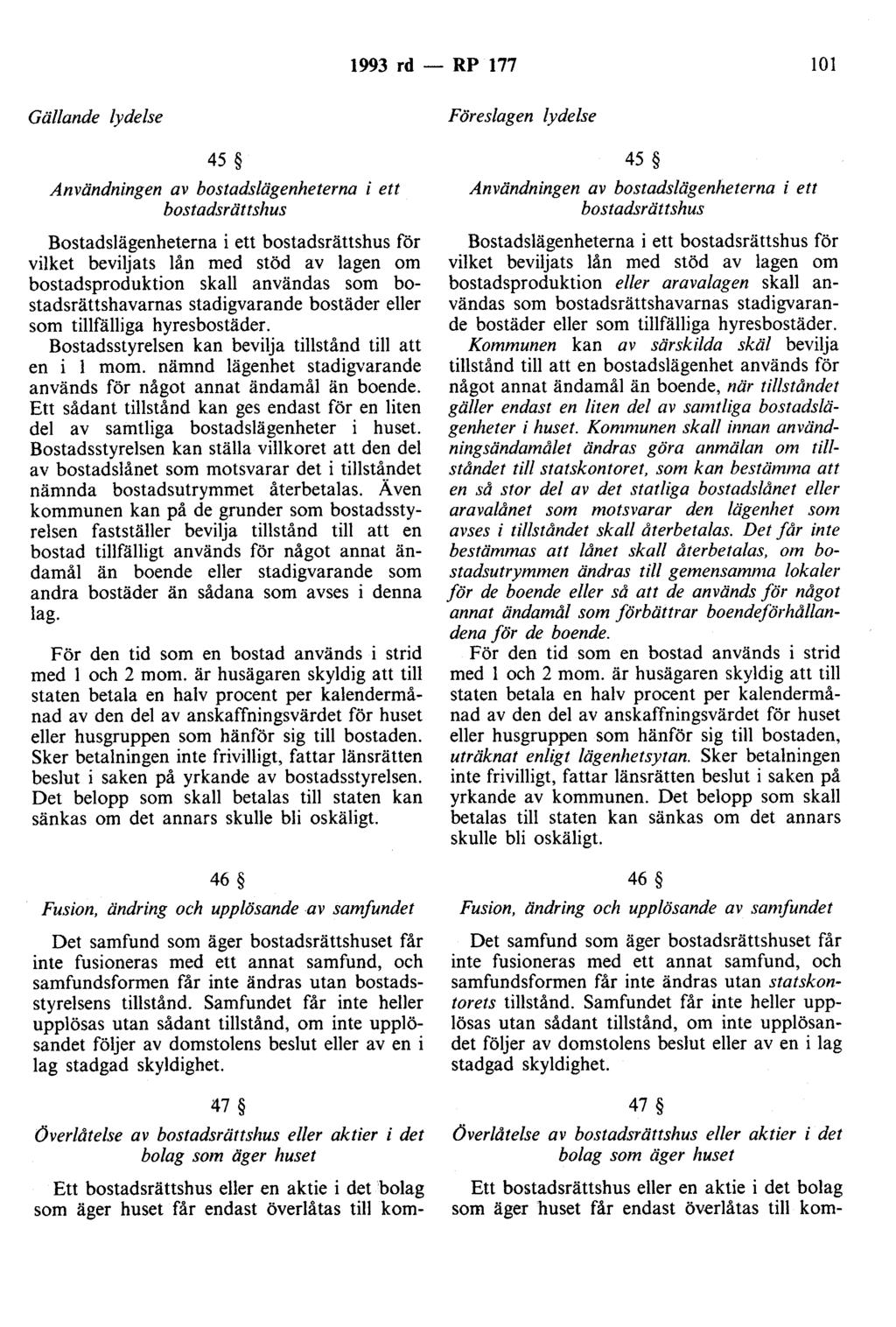 1993 rd - RP 177 101 Gällande lydelse 45 Användningen av bostadslägenheterna i ett bostadsrättshus Bostadslägenheterna i ett bostadsrättshus för vilket beviljats lån med stöd av Jagen om