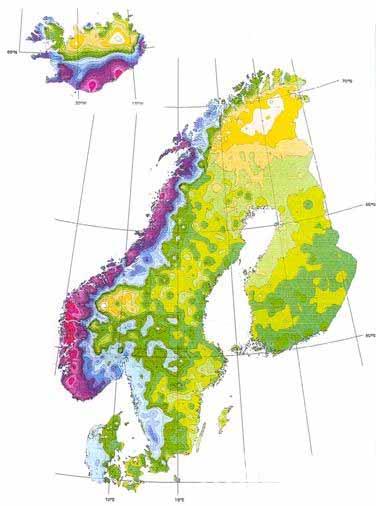 Årsnederbörden i Skandinavien Perioden1961-90 torrast i Sverige blötast i Sverige