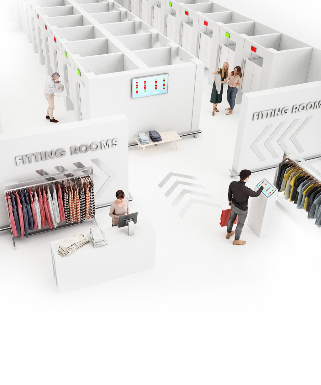 VERKSAMHET MARKNAD ITAB SMART FITTING ROOM är ett digitalt köhanteringssystem för provrumsmiljöer, som innebär att kunden kan fortsätta shoppa tills ett provrum är ledigt.
