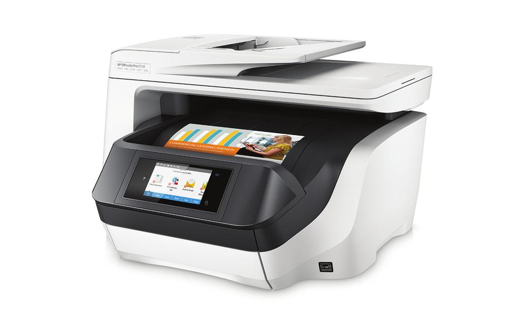 Datablad HP OfficeJet Pro 8730 allt-i-ett-skrivare HP Print Forward Design, prisvärd färg och Essential Fleet Management Maximera utskriftsmiljön med utrymmesbesparande HP Print Forward Design och