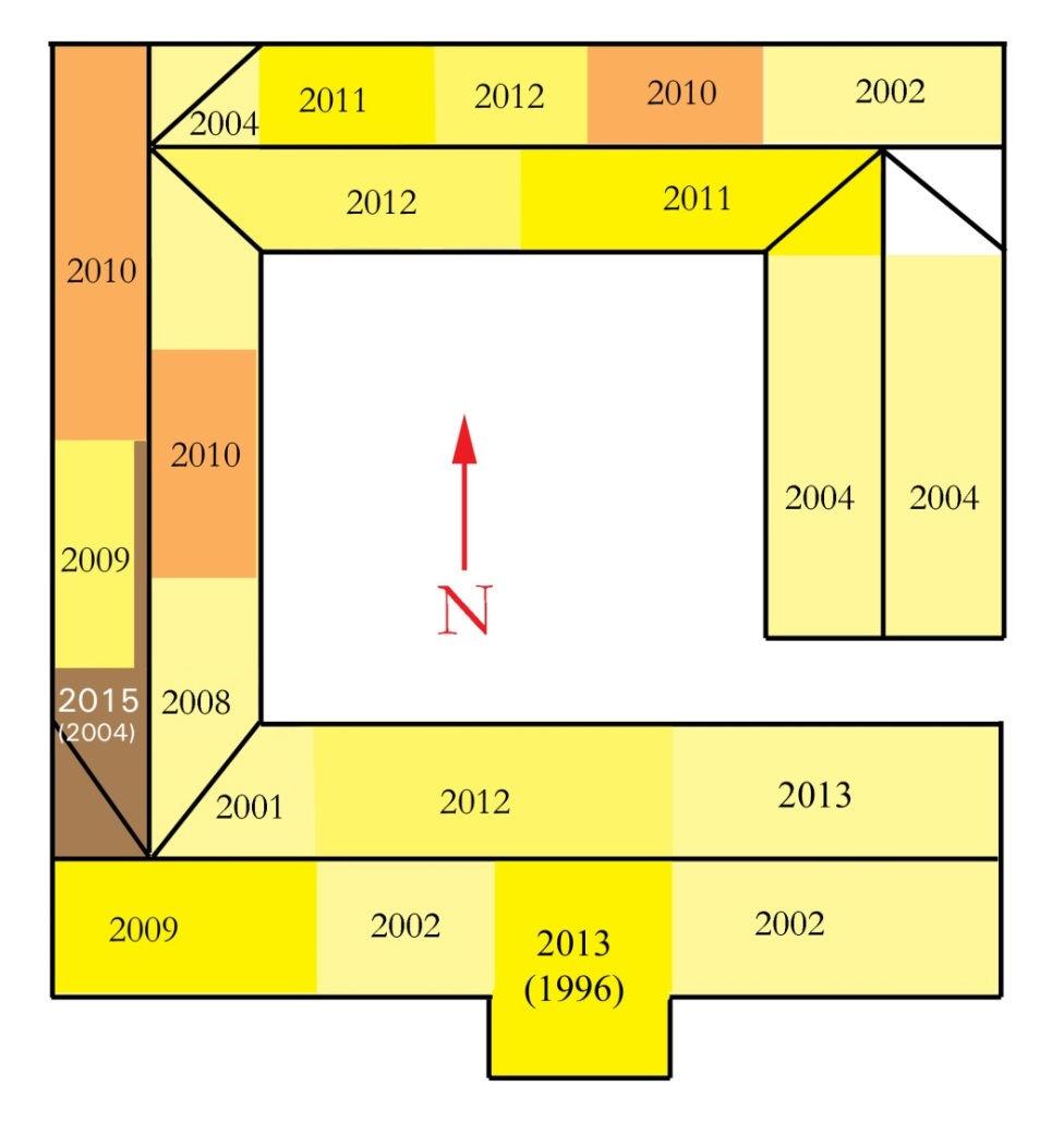 Plan över stråtäckningsarbeten utförda 1996 2015. Årets takomläggning är markerad med brunt.