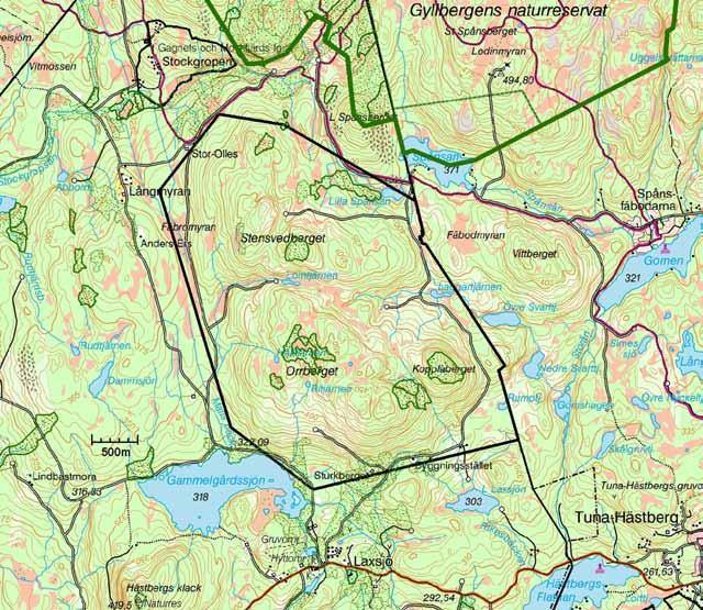 Nyckelbiotoper och andra avsättningar enligt Bergvik skog. Norr om planområdet syns även gränsen till naturreservatet (tjock linje).