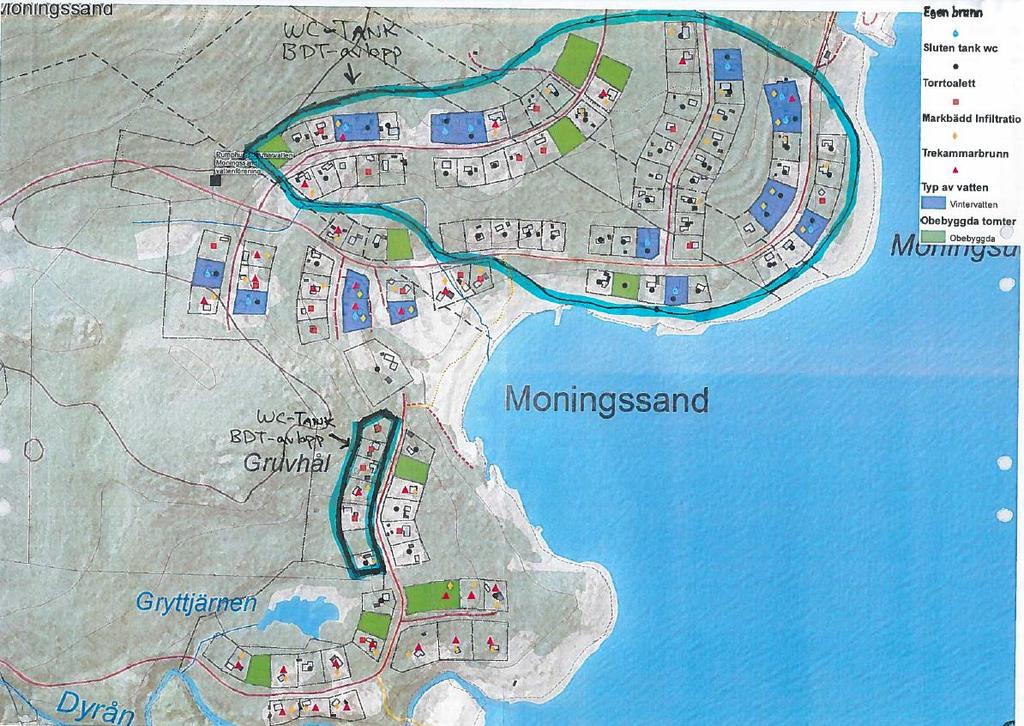 6 (7) Figur 1 Kartan är framtagen år 2015 i samarbete mellan Plan- och byggkontoret och Norrhälsinge miljökontor. Kartan beskriver hur de olika fastigheterna löst vatten- och avlopp inom området.