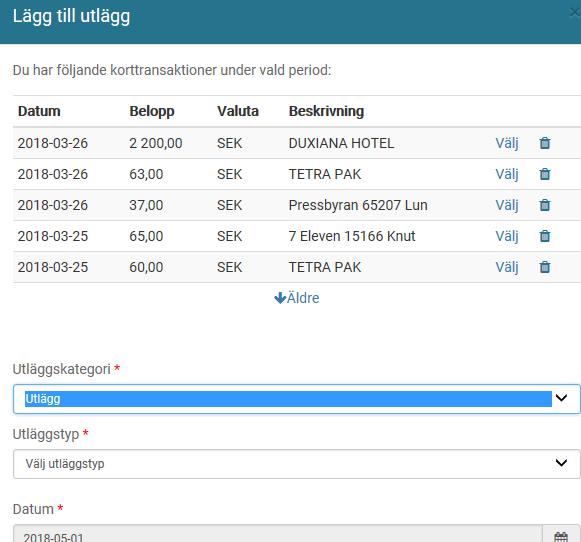 Kortinpekning / Koppla kortutlägg Korttransaktioner