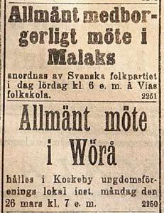 Ungdomsföreningen Wasabladet 13 mars 1917 fick inhibera en planerad regional sång- och musikfest eftersom bespisningen av deltagarna skulle ha blivit problematisk, och liksom på många andra orter