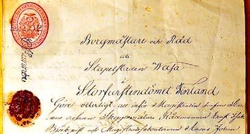 Ur arkivets gömmor: Mätbrev för slupen Triton Borgmästare och Råd uti Stapelstaden Wasa i Storfurstendömet Finland Göre veterligt att inför Magistraten hafver Stadens erfarne Skeppsmätare Rådmannen