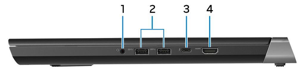 Höger 1 Headsetport Anslut ett par hörlurar eller ett headset (kombination med hörlurar och mikrofon). 2 USB 3.1-portar Gen 1 (2) Anslut kringutrustning, såsom lagringsenheter och skrivare.