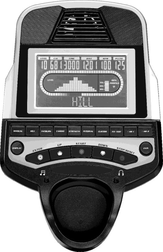 DATOR Fläkt Matrisskärm (programprofiler) Informationsskärm Programknappar (Manual, Hill, Fat Burn, Cardio, Strength, Interval, Custom, Fit-test, 2HR) Skärm Meddelandefönster (tid, program, namn,