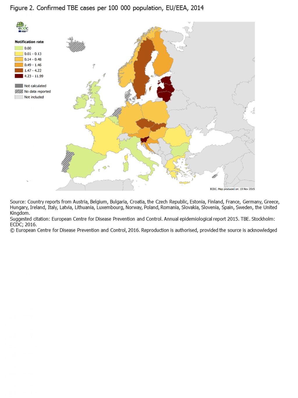 Konfirmerade fall av TBE per 100 000 invånare i EU 2014 Denna typ av karta över TBE är svår att använda för bedömning av risk då TBE är en Också stor skillnad i underlaget för rapporterade fall : 9