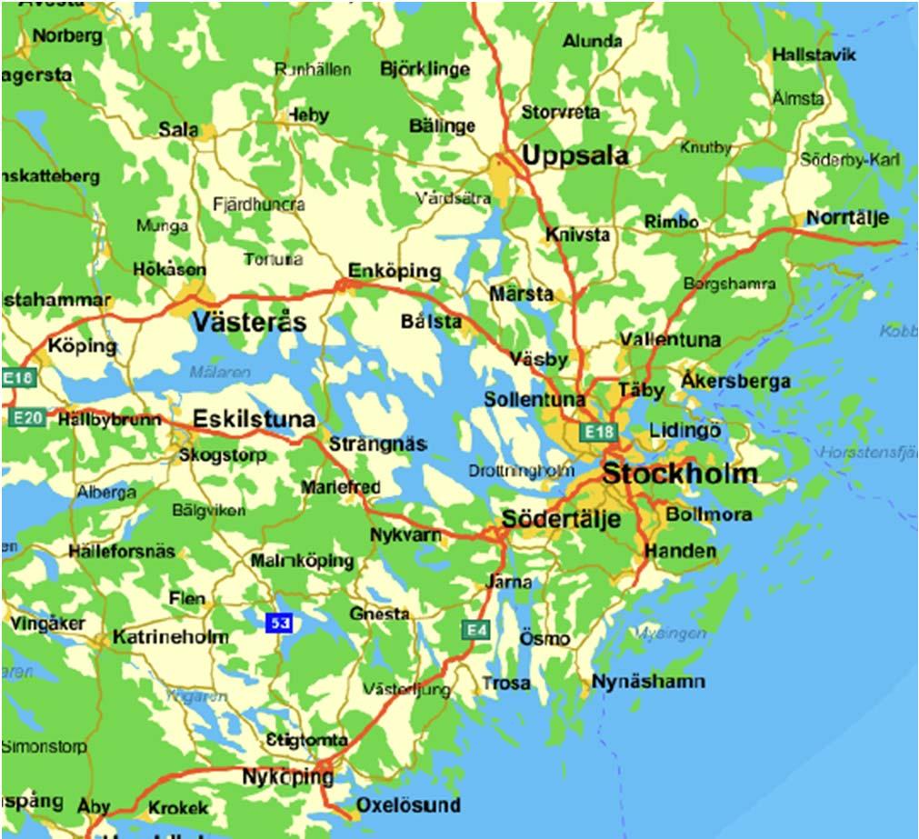 Figur 1: Lokaliseringen av de tre forskningsanläggningarna, var och en med fyra filterbrunnar och automatiserad provtagning. Lagga vid Uppsala, Rimbo samt Väringe utanför Nyköping.