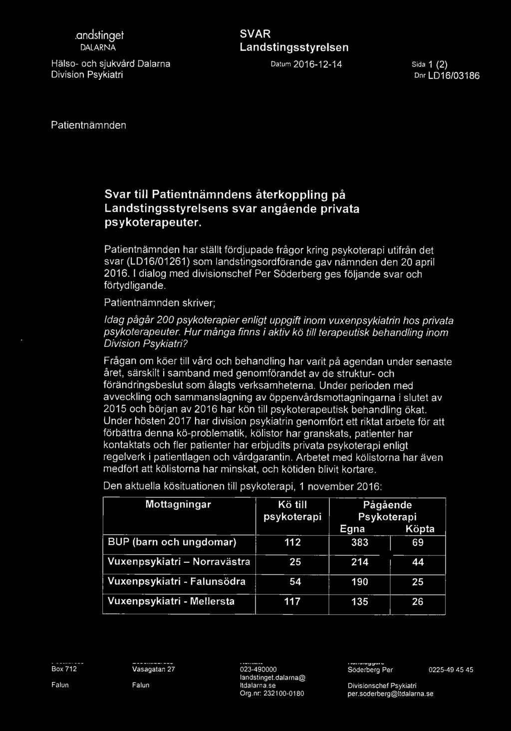 Patientnämnden har ställt fördjupade frågor kring psykoterapi utifrån det svar (LD16/01261) som landstingsordförande gav nämnden den 20 april 2016.