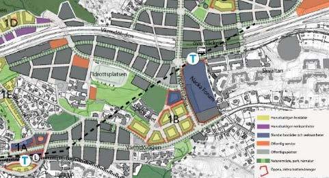 Planbeskrivning Nya Gatan, stadshusområdet 6 (47) Utsnitt ur programkarta för centrala Nacka med planområdet markerat med svart cirkel Programillustration för Vikdalsvägen Bild: White arkitekter