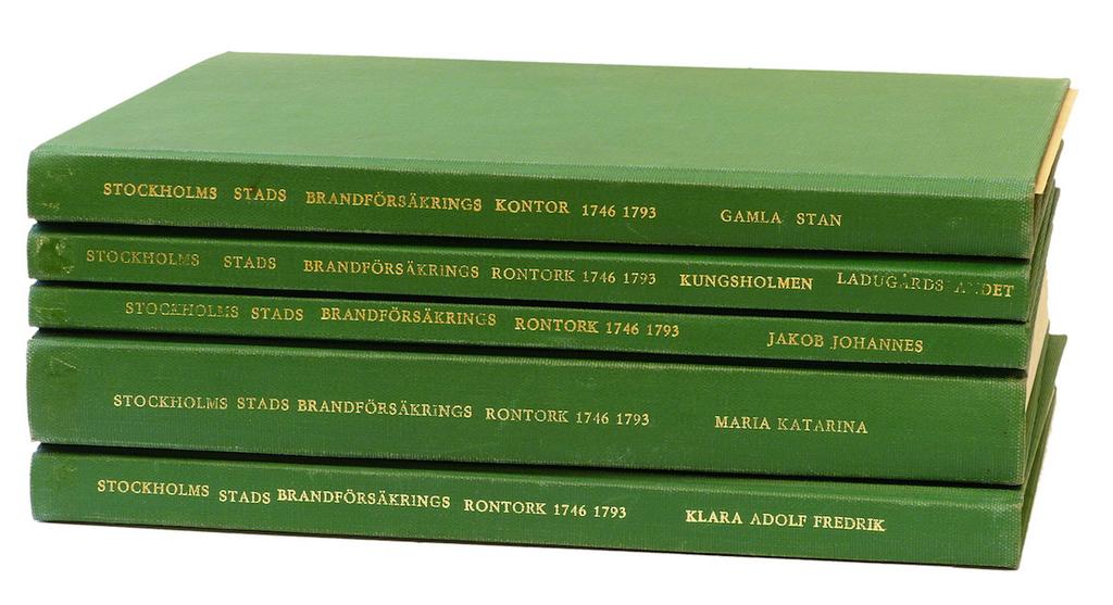 22 (ROSELL, Carl Magnus.) [Stockholms stads brandförsäkringskontor.] (1-5). Duplicerad. Stockholm, 1969. A4. Ca 600 blad,+ kapitelavskiljare. Gröna något nötta kbd. Fem volymer.