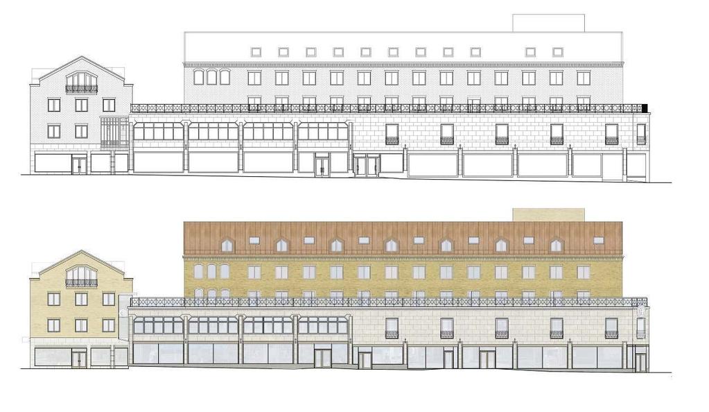 Fasad mot Kungsängsgatan. Illustration som visar fastighetsägarens förslag före och efter tillbyggnad. BAU Fasad mot Bredgränd.