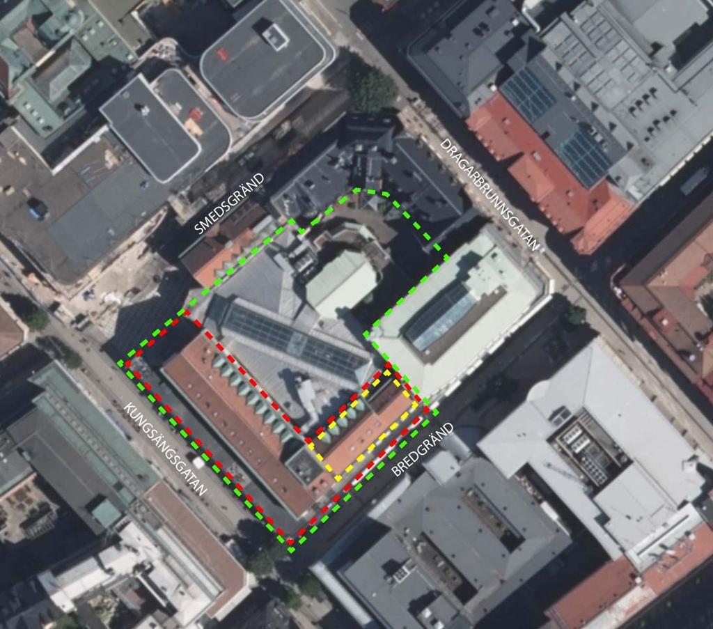 Förändringar Förändringarna i kvarteret. Grön streckad linje visar det område där centrumändamål föreslås i gallerians andra våning.