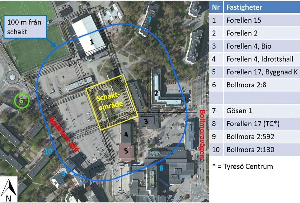 Figur 1: Blå och grön ring visar riskanalysens Inventeringsområde. 2.