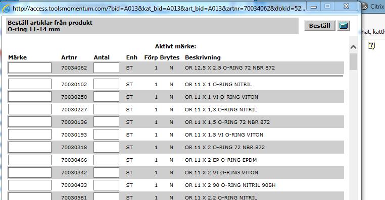 På knappen Lista under artikelinformationen kan man bläddra till listan med alla O- ringar, Beställ tar dig till ett orderblock som innehåller alla artiklar i tabellen som du ser under ritningen, se