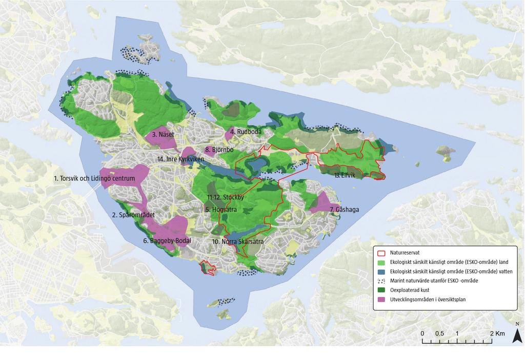 Strategisk karta med riktlinjer för planering Kartan visar översiktsplanens utvecklingsområden tillsammans med blåplanens TALE AFFERT värdeområden.