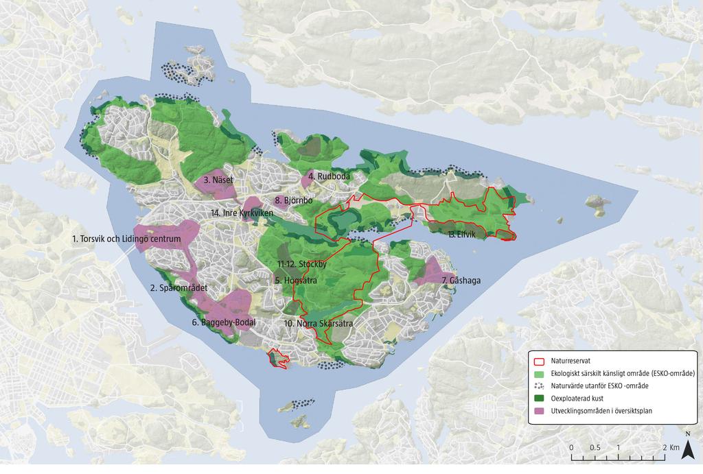 Strategisk karta med riktlinjer för planering Kartan visar översiktsplanens utvecklingsområden tillsammans med blåplanens värdeområden.