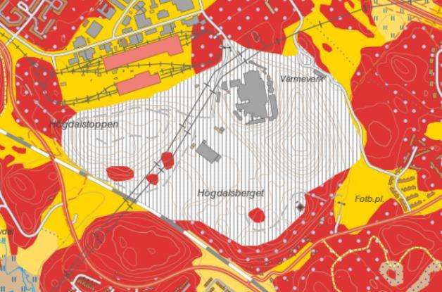 Sida 17 (51) Geotekniska förhållanden Markförhållanden Karta över jordarterna i närområdet. De röda områdena representerar berg i dagen, de gula lera och de gråstreckade fyllnadsmassor.