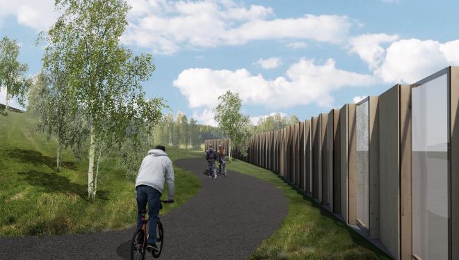 Sida 35 (51) Sektioner av nya slänter vid Suez Recyclings anläggning. (Liljewall arkitekter) En gångväg som leder upp till Högdalstoppen kommer att behöva läggas om, vilket illustreras på plankartan.