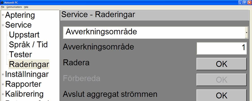 Radera ett avverkningsområde eller radera apt-fil i bibliotek, Service Raderingar Radera apt-fil. OBS! Det går ej att radera en apt-fil som används. Fel vid kortanslutning.