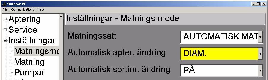 1.1.1 Inställningar Värdeaptering aktiveras i menyn > Matningsmode... Automatisk apter. ändring. DIAM = Värdeaptering INTE i bruk. Ange Apt. första mått i menyn > Aptering > Trädslag > Apt.