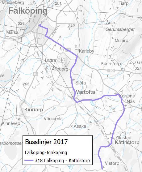 66 Reducering av busstrafik På denna sträcka finns busslinje 318 med uppehåll i både Vartofta och Kättilstorp. Figur 3-31 Nuvarande busslinjer som behandlats i stråket Falköping-Jönköping.