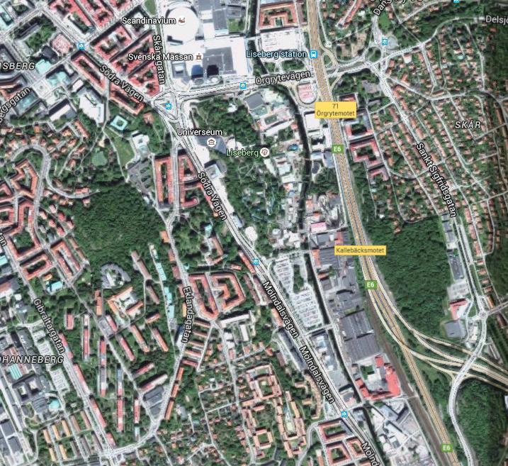 Figur 1. Området, ungefärligt markerat med röd linje, ligger strax söder om nöjesfältet Liseberg.