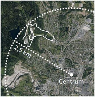 TRAFIKUTREDNING, DETALJPLAN BILLINGEHUS 1 OCH BILLINGEHUS 2, SKÖVDE KOMMUN 11 Figur 3 Avstånd till centrum. 2.1.2 Inom övriga utredningsområdet Norr om planområdet på Billingen finns en utsiktsplats och norr om Billingebacken ligger Rhododendrondalen.