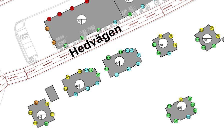4.4 RESULTAT Resultatet för ljudutbredning 2 m ovan mark redovisas i bilaga 02-05. Ljudutbredning vid fasad för de olika byggnaderna presenteras däremot i bilaga 06-09.