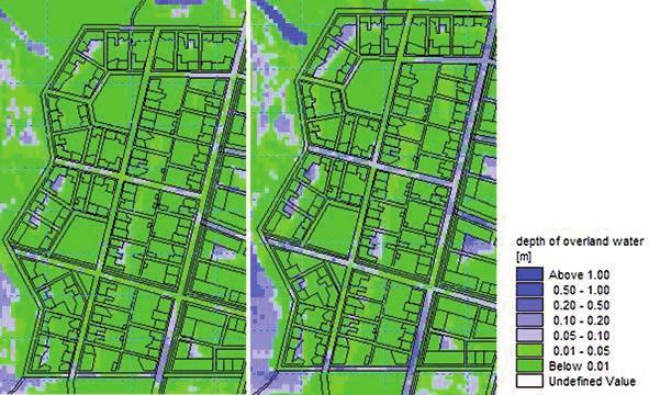 Figur 4. Modellresultat för bostadskvarteren närmst kusten simulerat utan dagvattenhantering. Till vänster visas området simulerat för ett 10-årsregn och till höger med ett 100-årsregn.