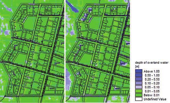 A Figur 5. Modellresultat för bostadskvarteren närmst kusten. Vänster bild visar minlösningen med 10-årsregn och höger med 100-årsregn. Bilderna visar området två timmar efter regnens maxintensitet.