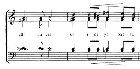 Det är även svårt att få precision i hårda slutkonsonanter, till exempel takt 4, ut i de Exempel 2: Ingvar Wieslander: Kunde jag följa dig, takt 3-4.