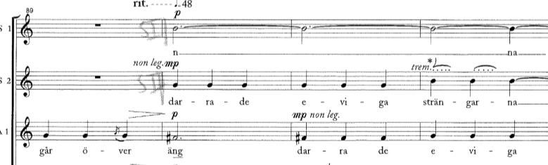 I ovanstående exempel 10, takt 66, ombeds sopranerna att sjunga med ett delikat tremolo Här har