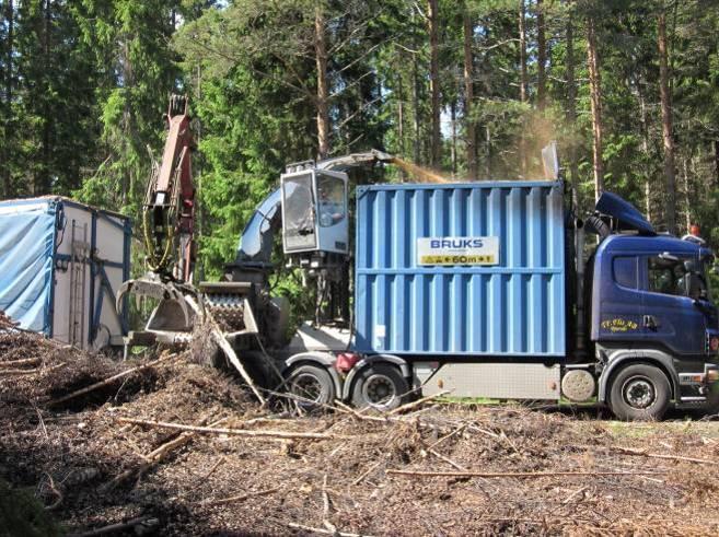 Figur 9. Sönderdelning av brun GROT, ca 1 år, med lastbilshugg på Scania R620. Föraren sitter i hytten vid flisbaljan när han kör kranen.